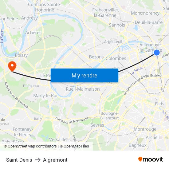 Saint-Denis to Aigremont map