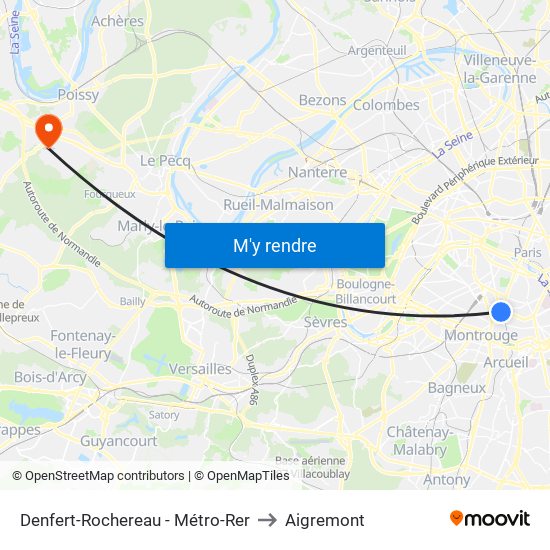 Denfert-Rochereau - Métro-Rer to Aigremont map