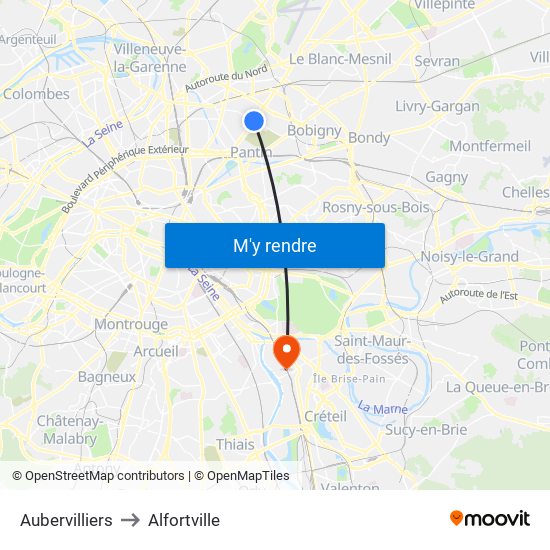 Aubervilliers to Alfortville map