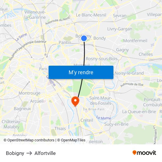 Bobigny to Alfortville map