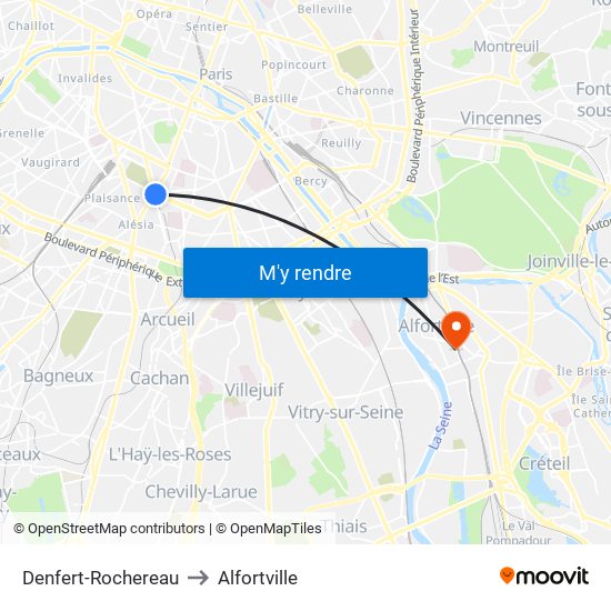 Denfert-Rochereau to Alfortville map