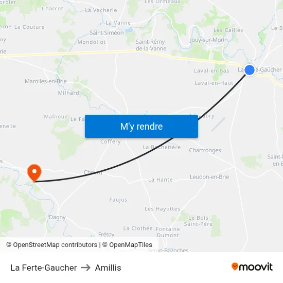 La Ferte-Gaucher to Amillis map
