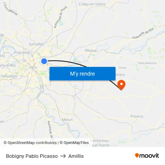 Bobigny Pablo Picasso to Amillis map