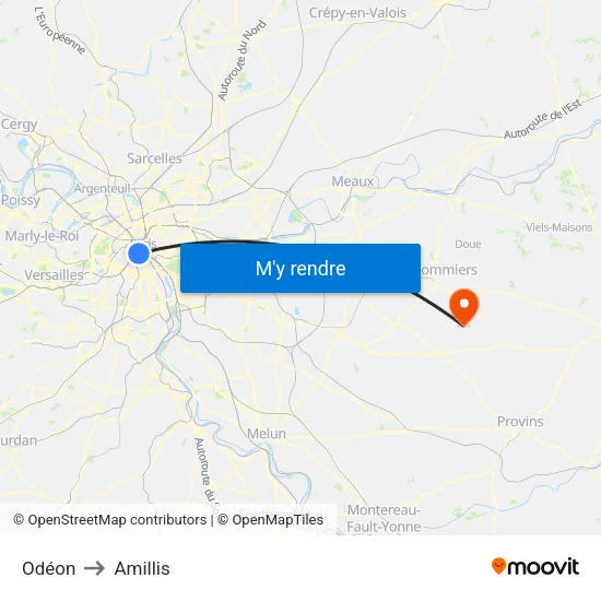 Odéon to Amillis map