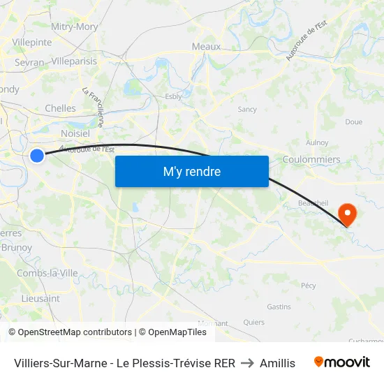 Villiers-Sur-Marne - Le Plessis-Trévise RER to Amillis map