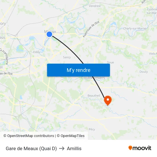 Gare de Meaux (Quai D) to Amillis map