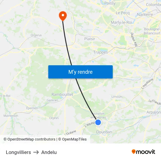 Longvilliers to Andelu map
