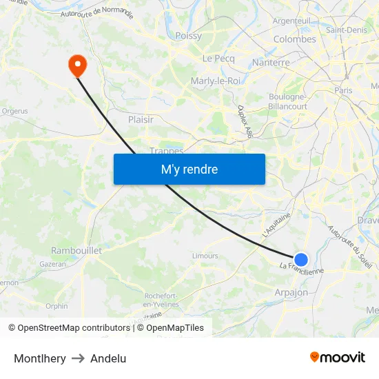 Montlhery to Andelu map
