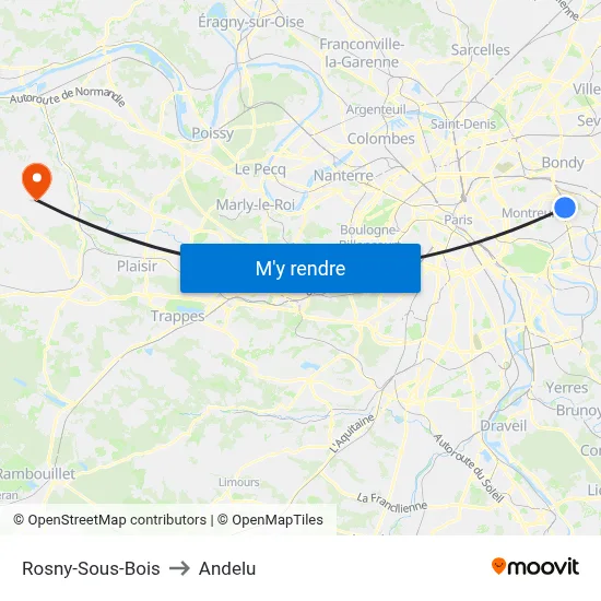 Rosny-Sous-Bois to Andelu map