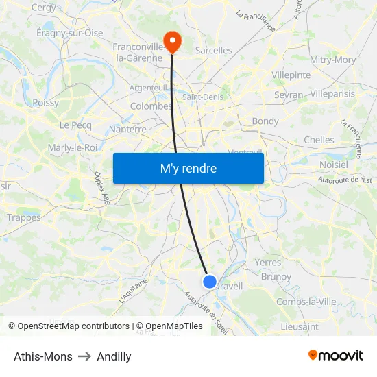 Athis-Mons to Andilly map