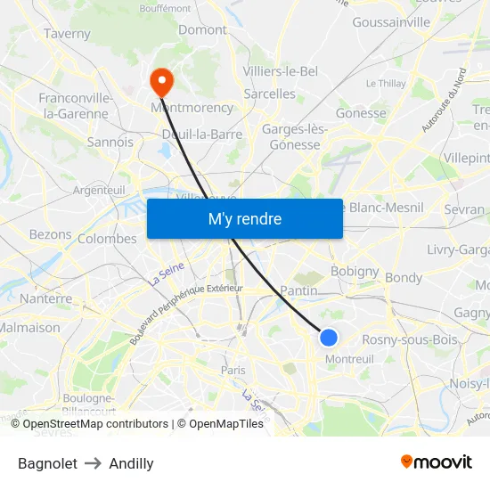 Bagnolet to Andilly map