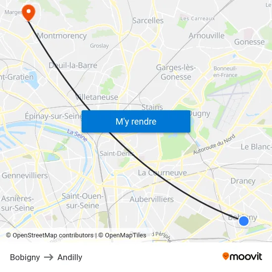 Bobigny to Andilly map