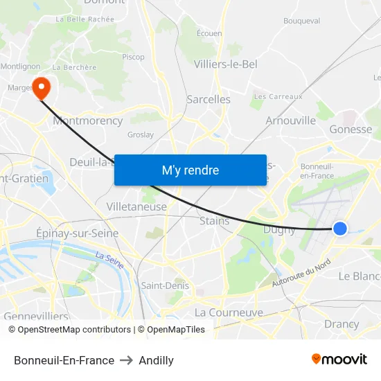 Bonneuil-En-France to Andilly map