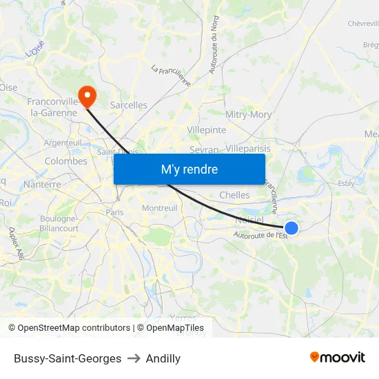 Bussy-Saint-Georges to Andilly map