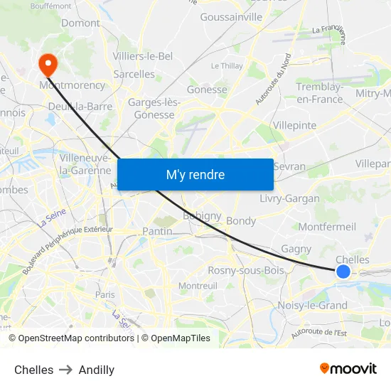 Chelles to Andilly map