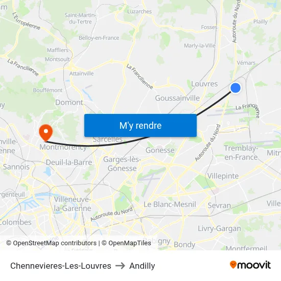 Chennevieres-Les-Louvres to Andilly map