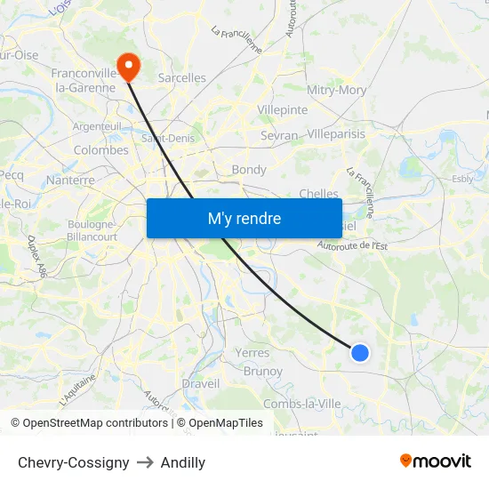 Chevry-Cossigny to Andilly map