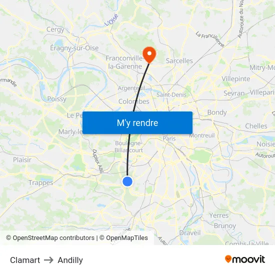 Clamart to Andilly map