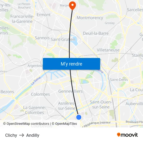 Clichy to Andilly map