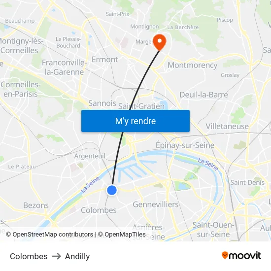 Colombes to Andilly map
