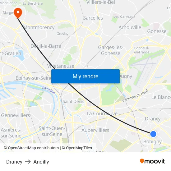 Drancy to Andilly map