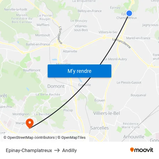 Epinay-Champlatreux to Andilly map