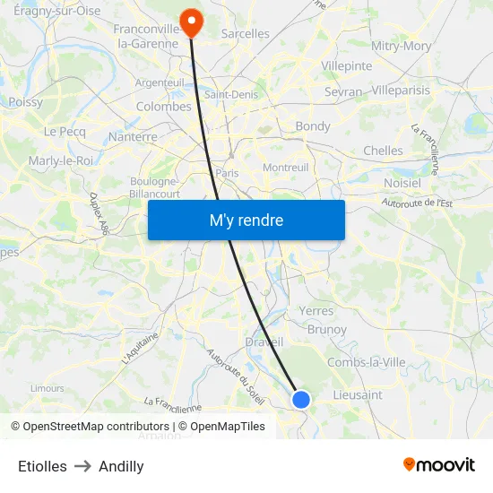 Etiolles to Andilly map