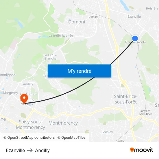 Ezanville to Andilly map
