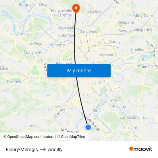 Fleury-Merogis to Andilly map