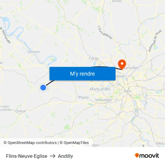 Flins-Neuve-Eglise to Andilly map