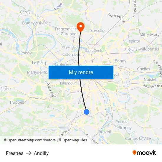 Fresnes to Andilly map