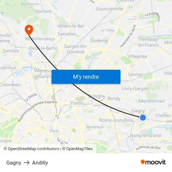 Gagny to Andilly map