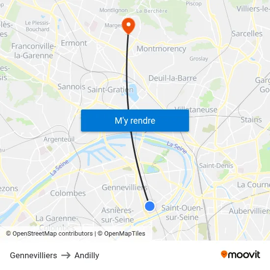 Gennevilliers to Andilly map