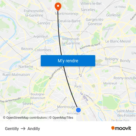 Gentilly to Andilly map