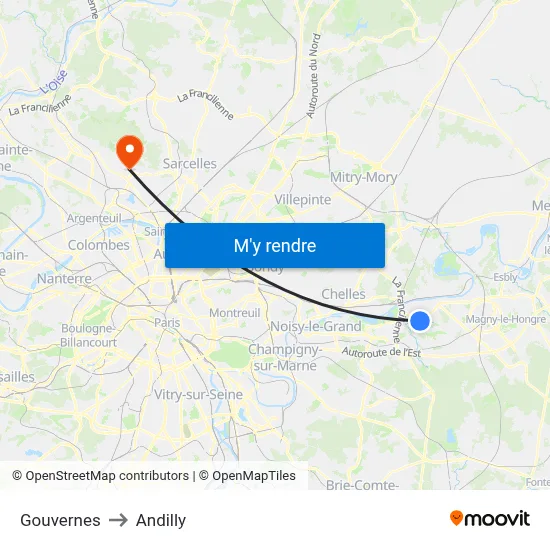 Gouvernes to Andilly map