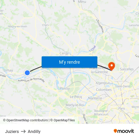 Juziers to Andilly map