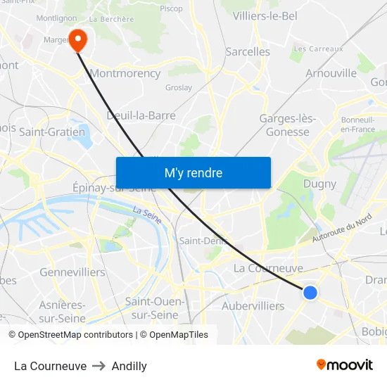 La Courneuve to Andilly map