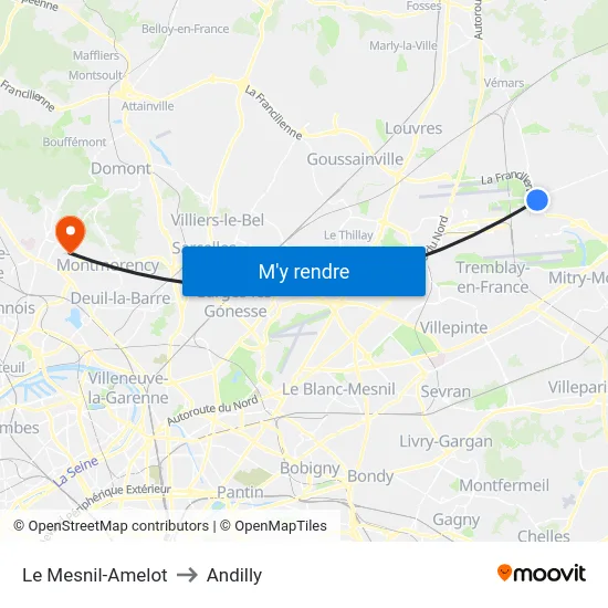 Le Mesnil-Amelot to Andilly map