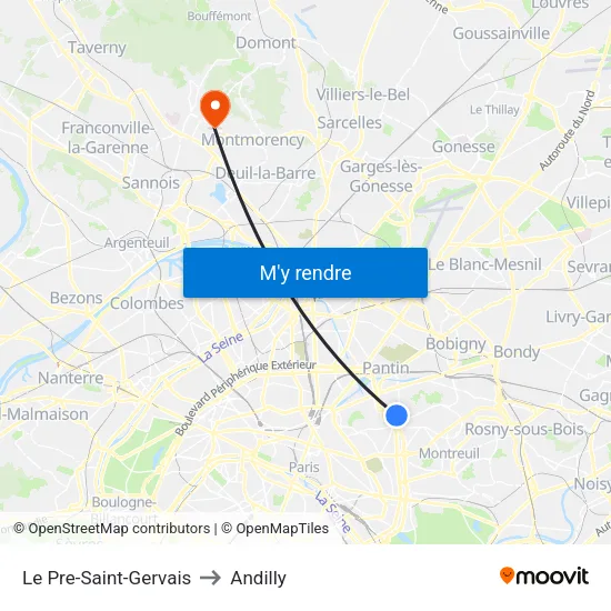 Le Pre-Saint-Gervais to Andilly map