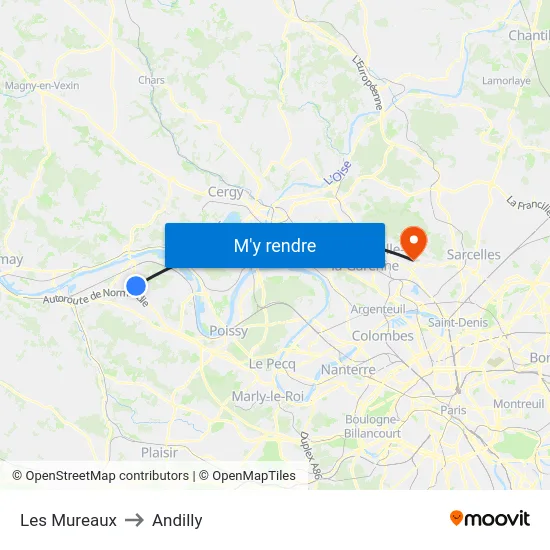 Les Mureaux to Andilly map