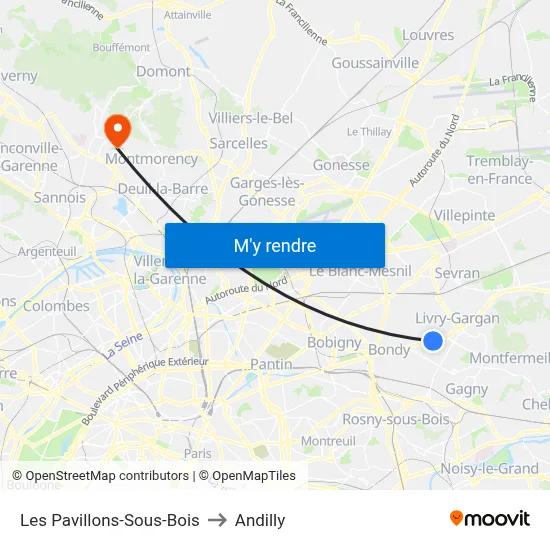 Les Pavillons-Sous-Bois to Andilly map