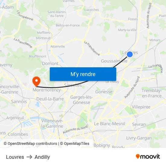 Louvres to Andilly map
