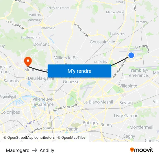 Mauregard to Andilly map