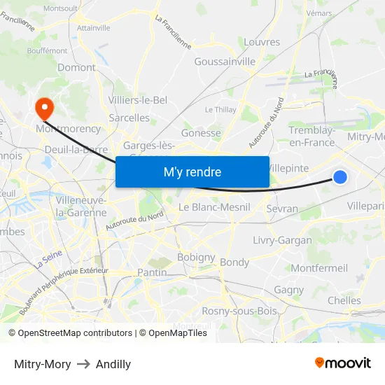 Mitry-Mory to Andilly map
