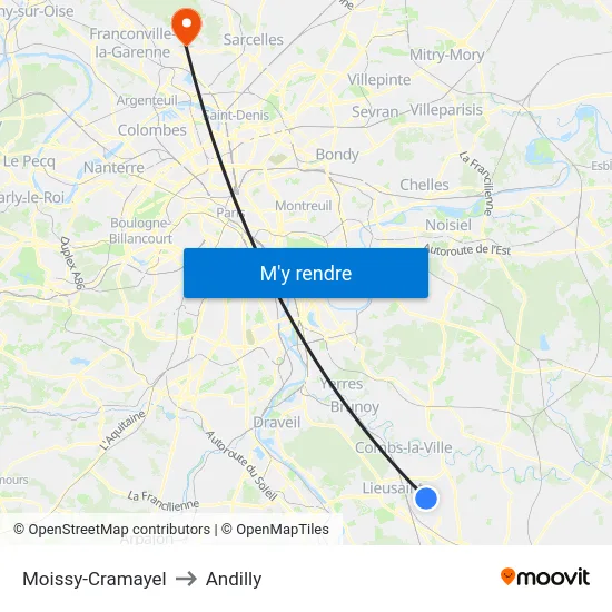 Moissy-Cramayel to Andilly map
