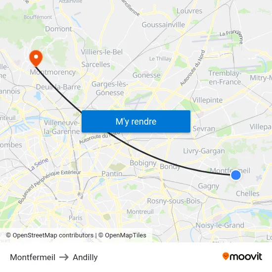 Montfermeil to Andilly map