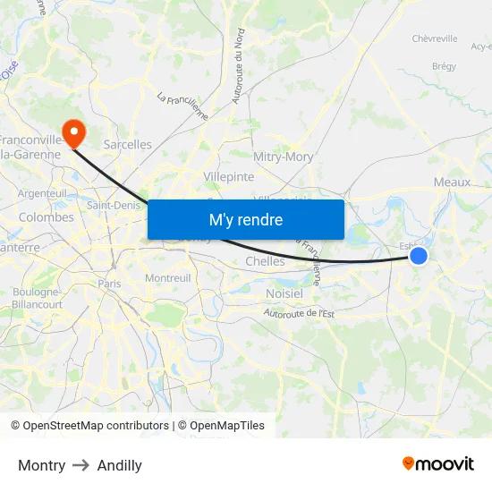 Montry to Andilly map