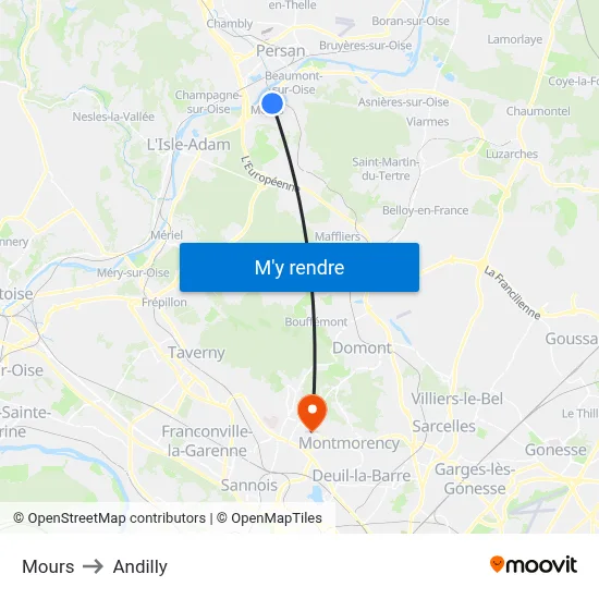 Mours to Andilly map