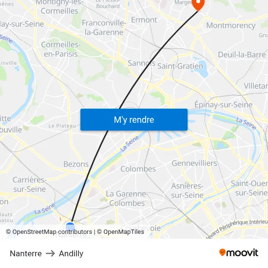 Nanterre to Andilly map