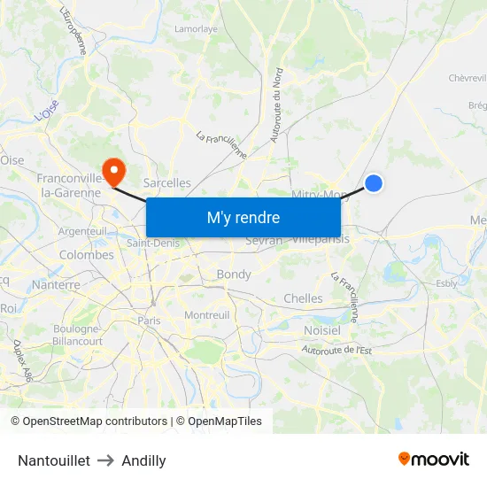 Nantouillet to Andilly map
